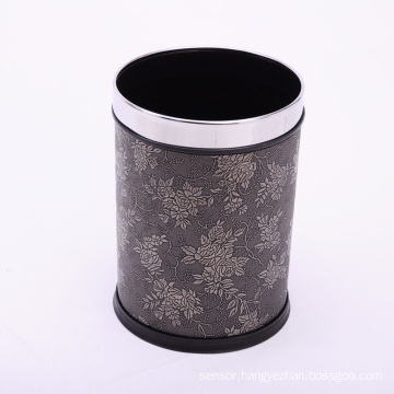 Leather Covered Open Top Flower Printed Waste Bin (A12-1903A)